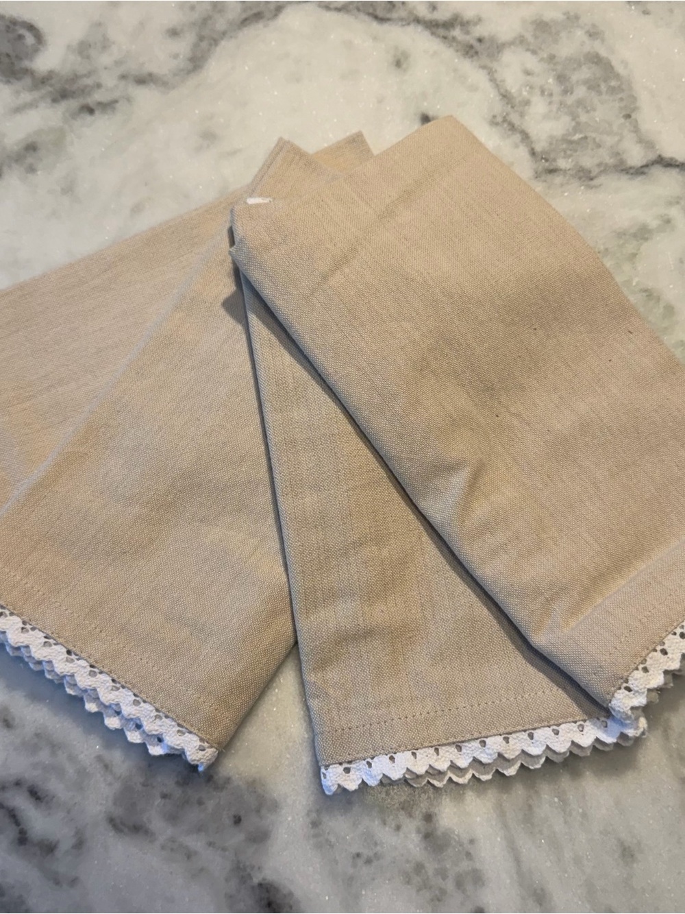 Beige Napkins with White Lace Trim - Set of 4